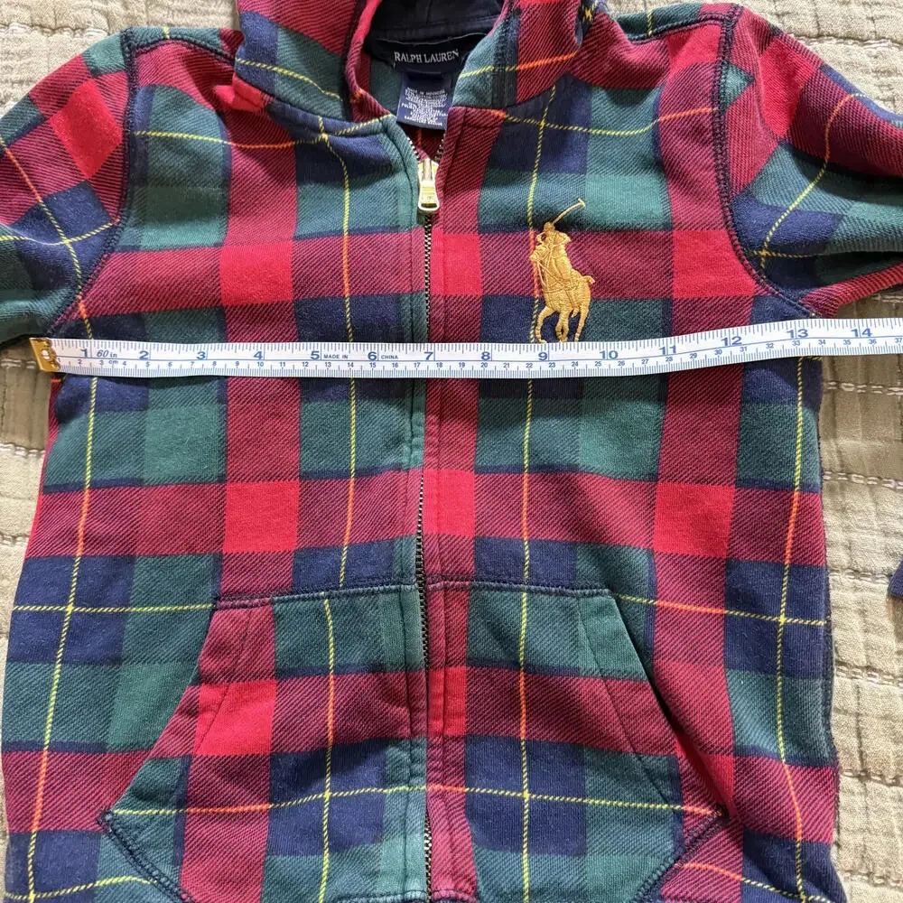 RALPH LAUREN Boys M (8/10) Tartan Full‎ Zip Hoodie Gold Logo Preppy Quiet Luxury